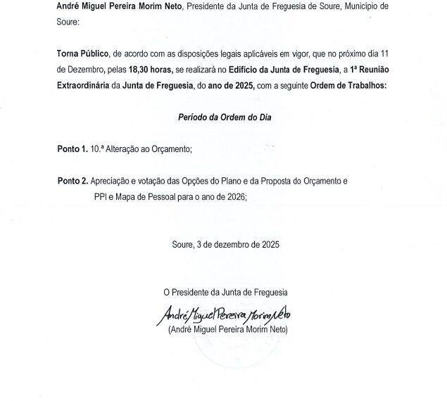 Edital – Reunião Extraordinária da Junta de Freguesia