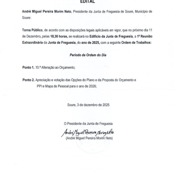 Edital – Reunião Extraordinária da Junta de Freguesia